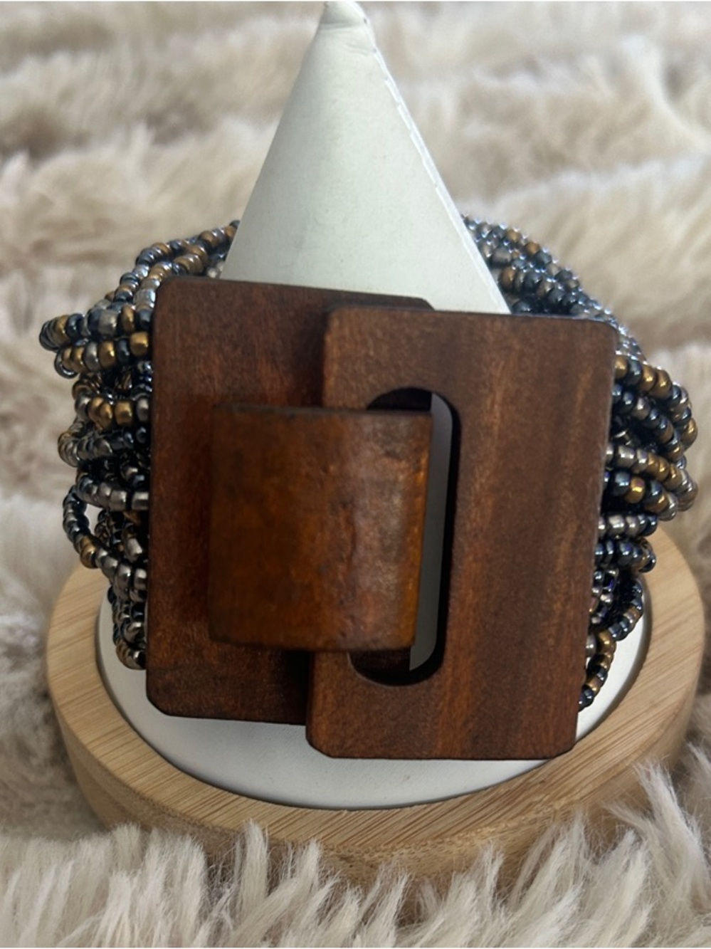 Boho Wood Buckle Beaded Wrap Bracelet in Brown and Gold